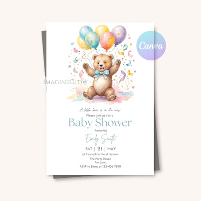 Cute bear invitation for boy baby shower
Blue woodland theme baby shower bear invite
