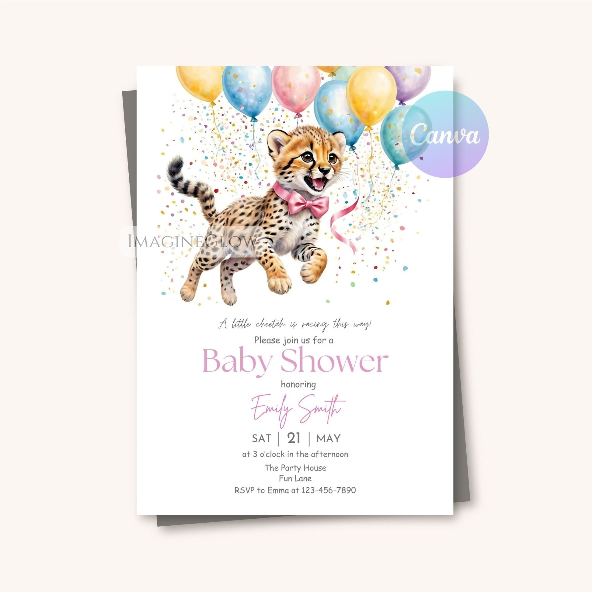 Cheetah and greenery baby girl shower invite
