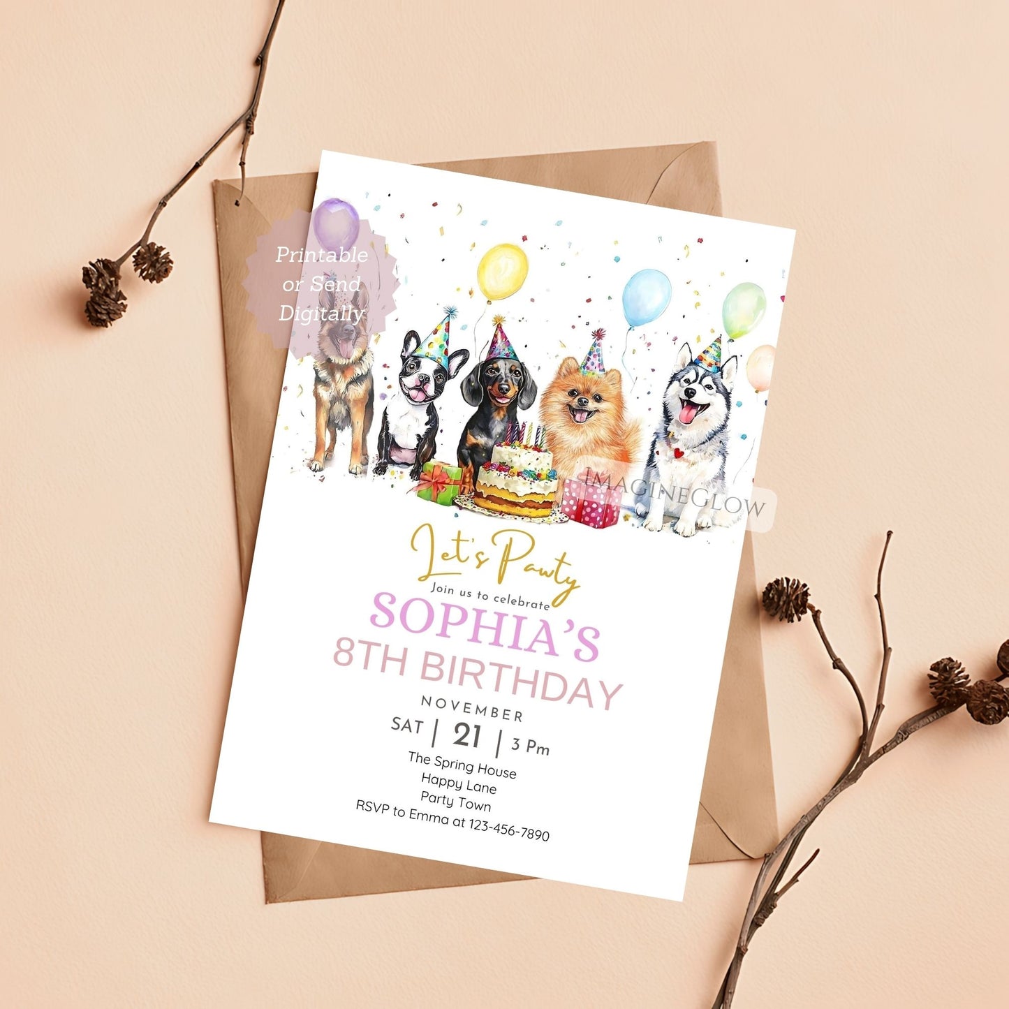 Editable dog pawty birthday invitation template

