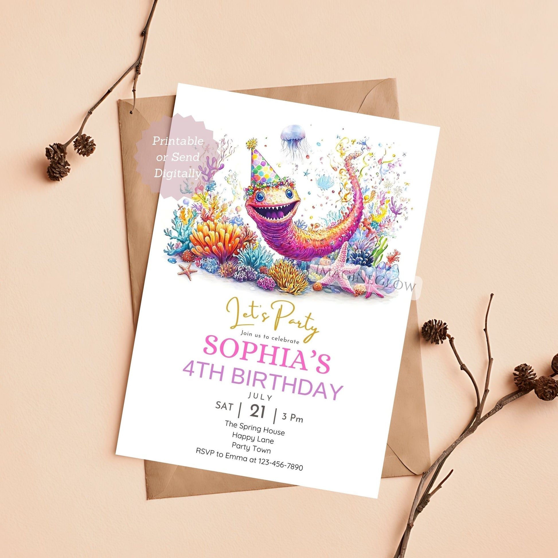 Eel birthday invitation for ocean party
Under the sea themed birthday invite
