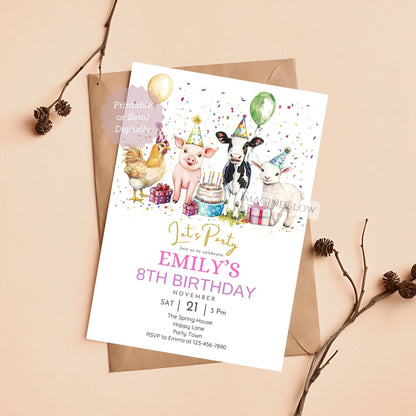Farm animal birthday invitation with pig lamb hen cow
