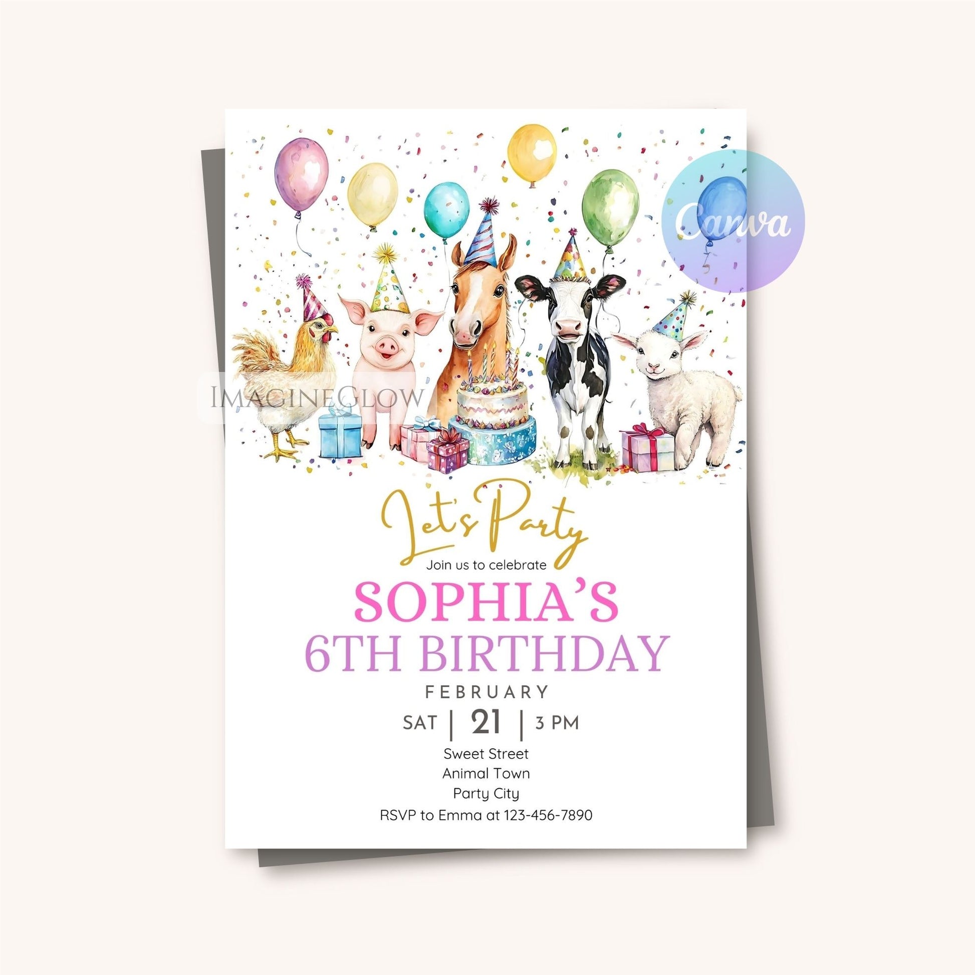 Barnyard birthday party invite with cute farm animals
