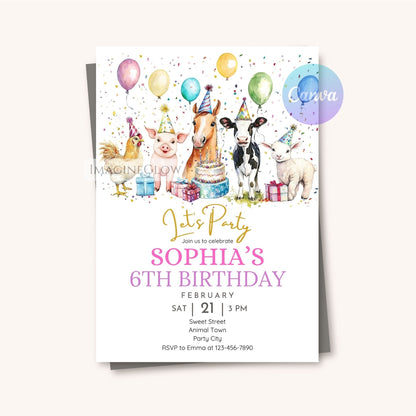 Barnyard birthday party invite with cute farm animals
