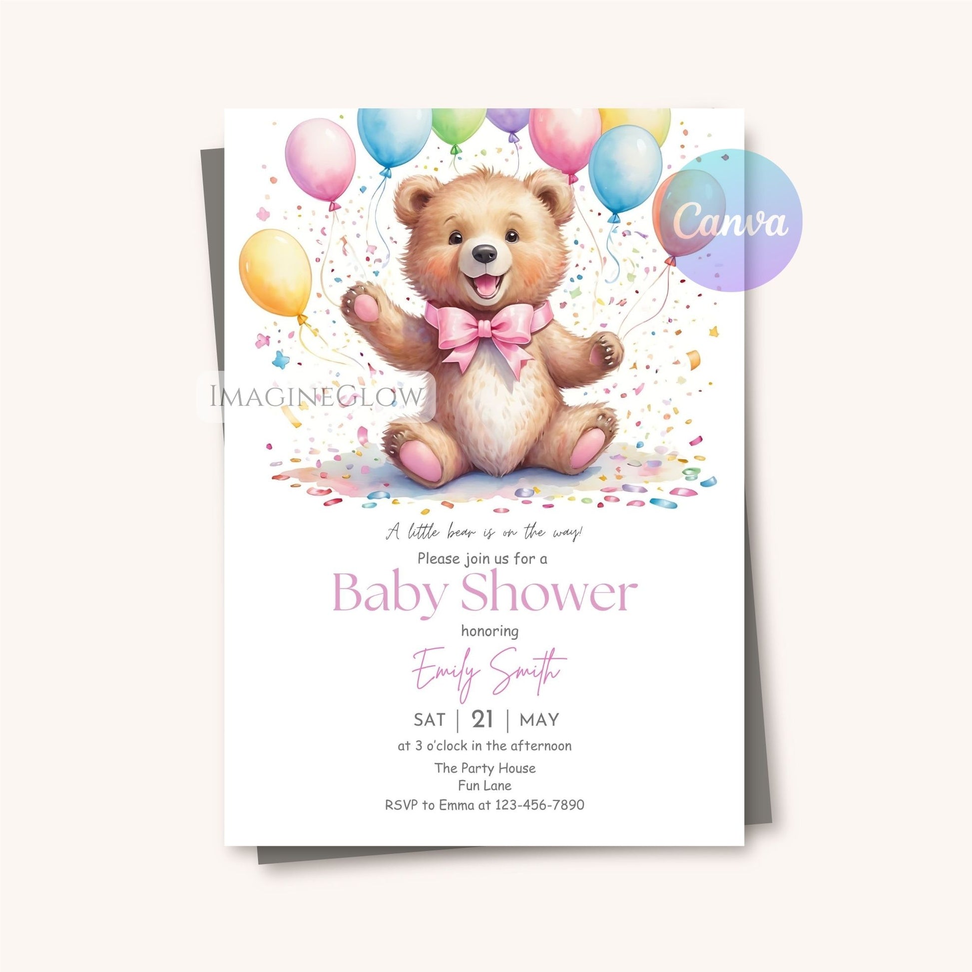 Editable bear baby shower invite for girl
