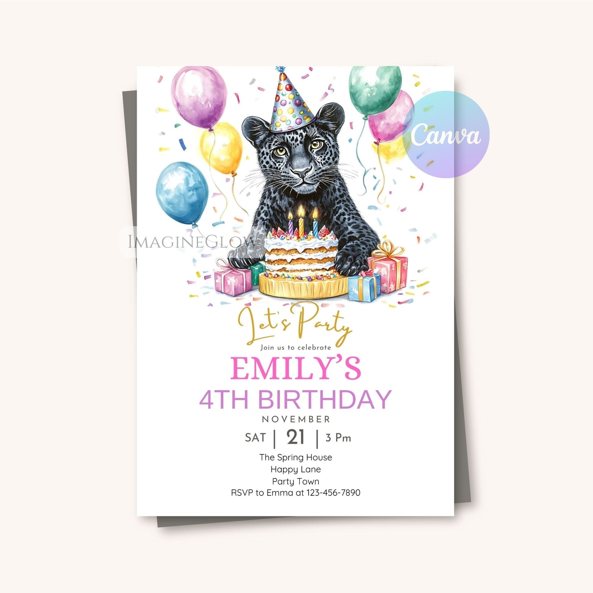Digital panther cub party invitation
