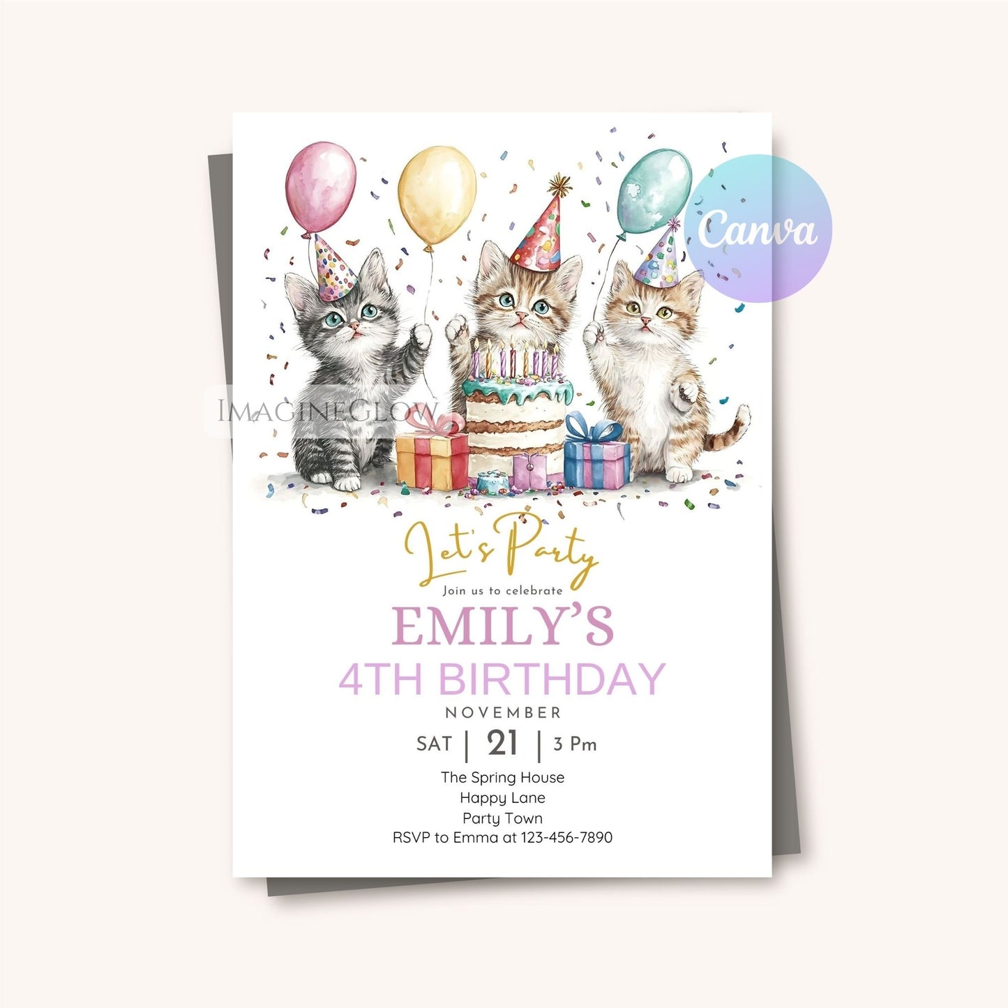 Cat lover birthday invite for toddlers and kids
