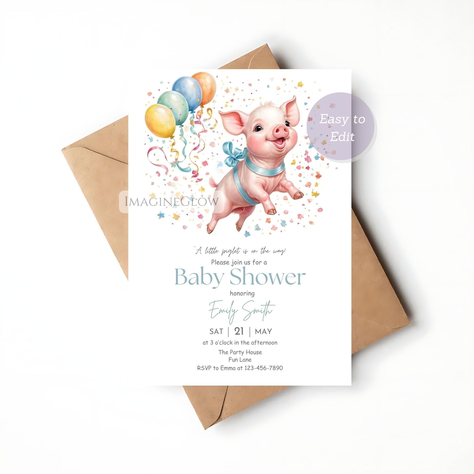 Cute piglet design on a digital baby shower invitation for boys or girls
