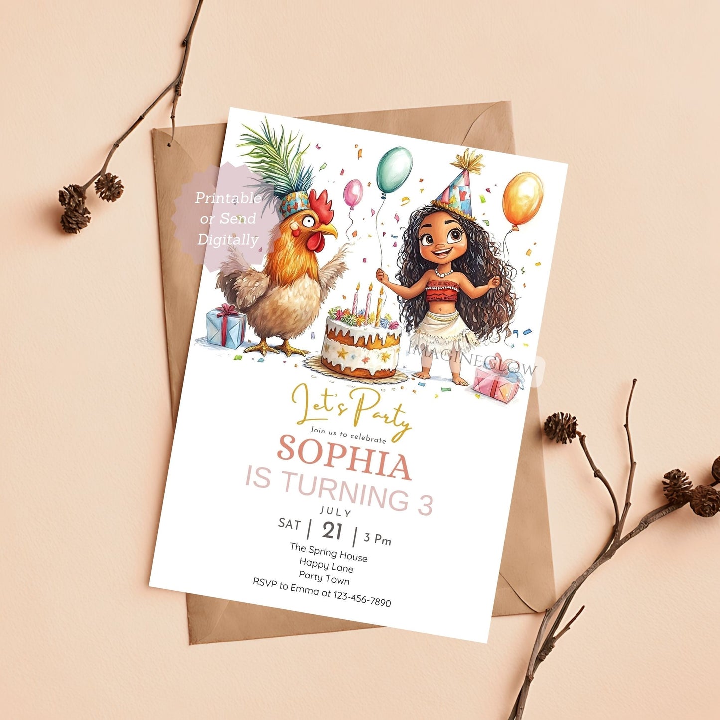 Moana birthday invitation with rooster
