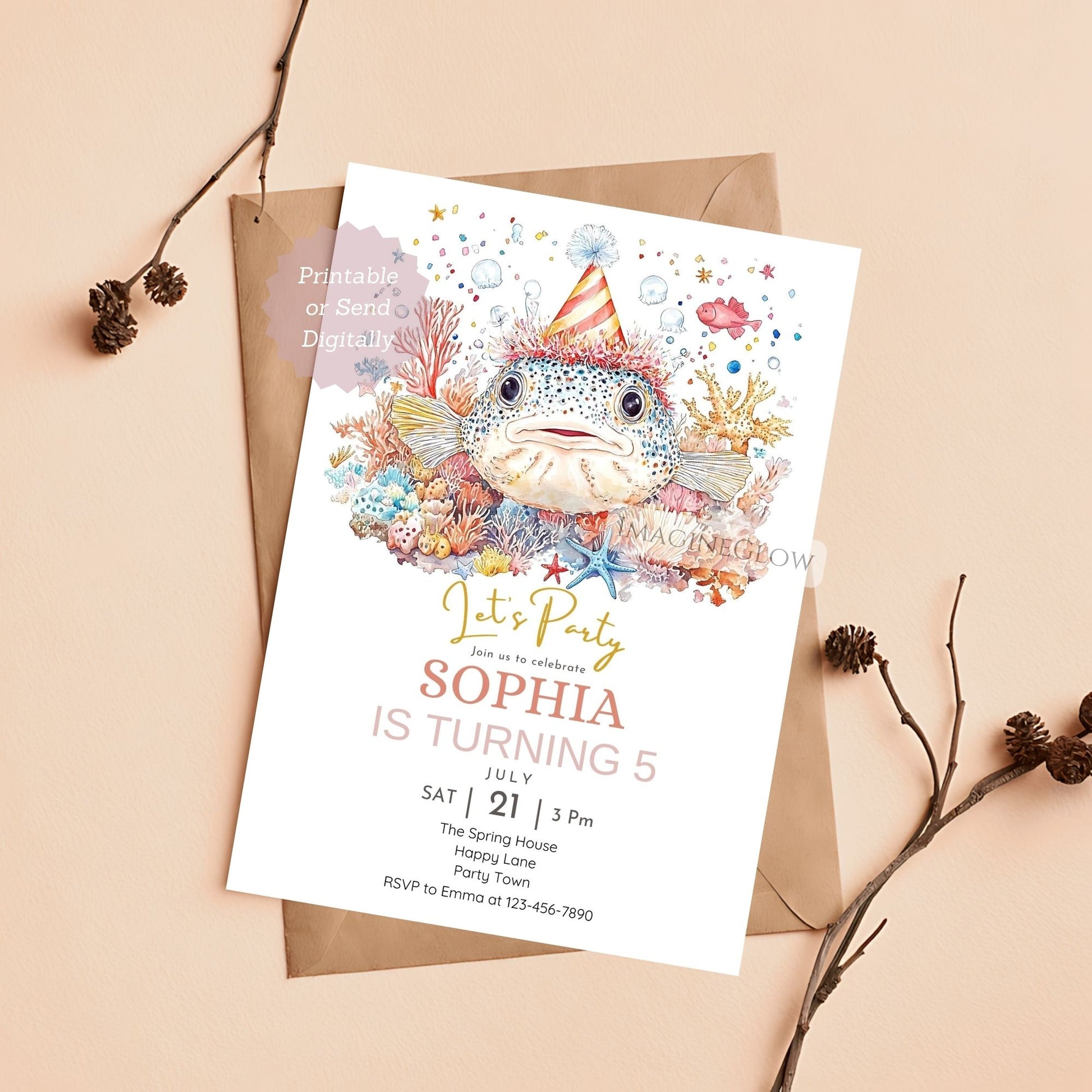 Pufferfish birthday invitation for kids
