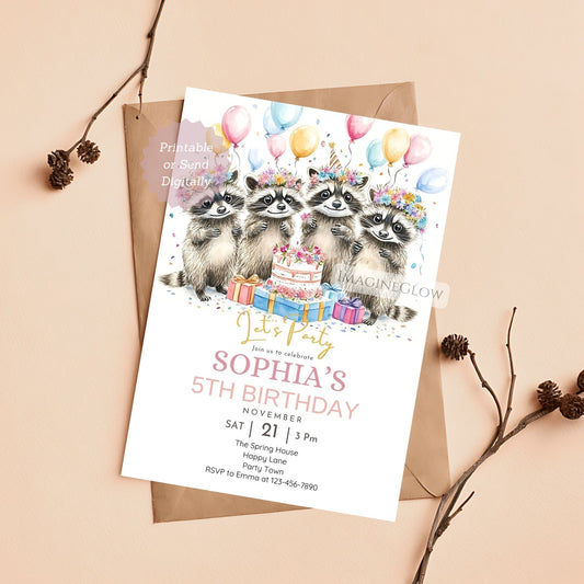 Raccoon birthday invitation woodland theme
