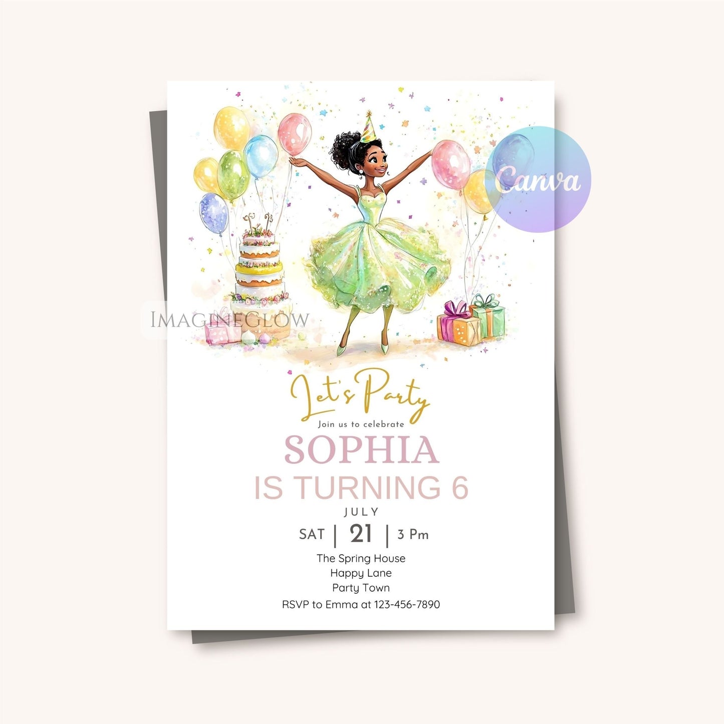 Editable Princess Tiana invitation
