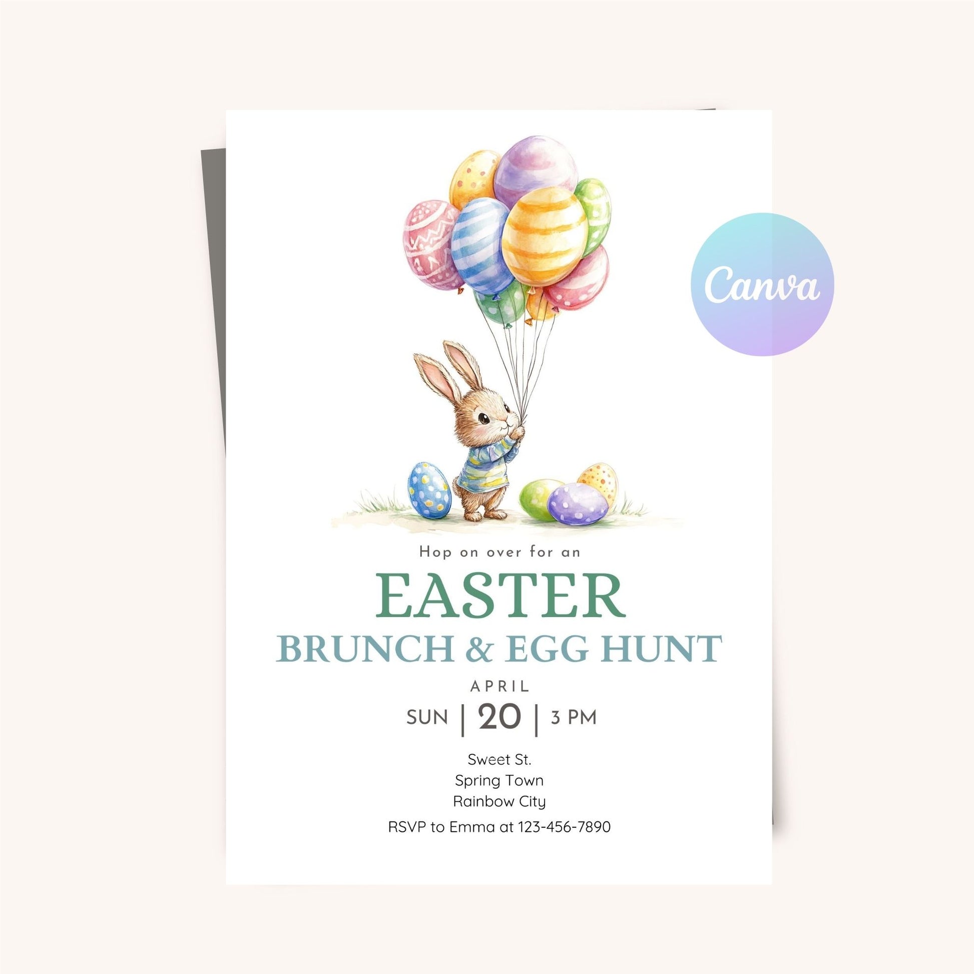 Editable Easter invitation with a bunny and egg hunt theme.
