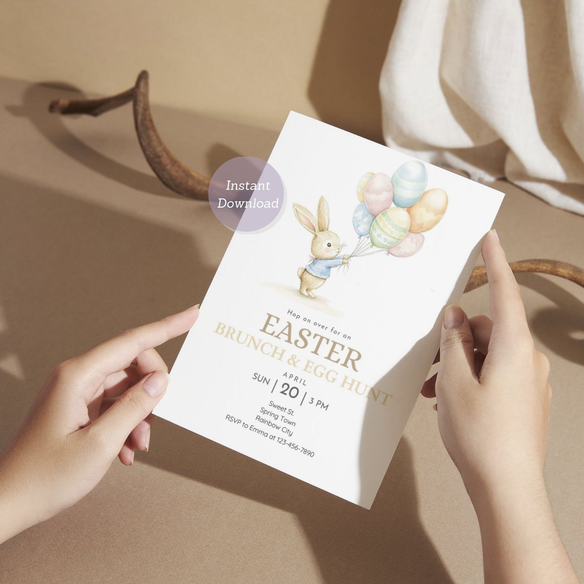 Cute bunny-themed Easter party invitation for kids.
