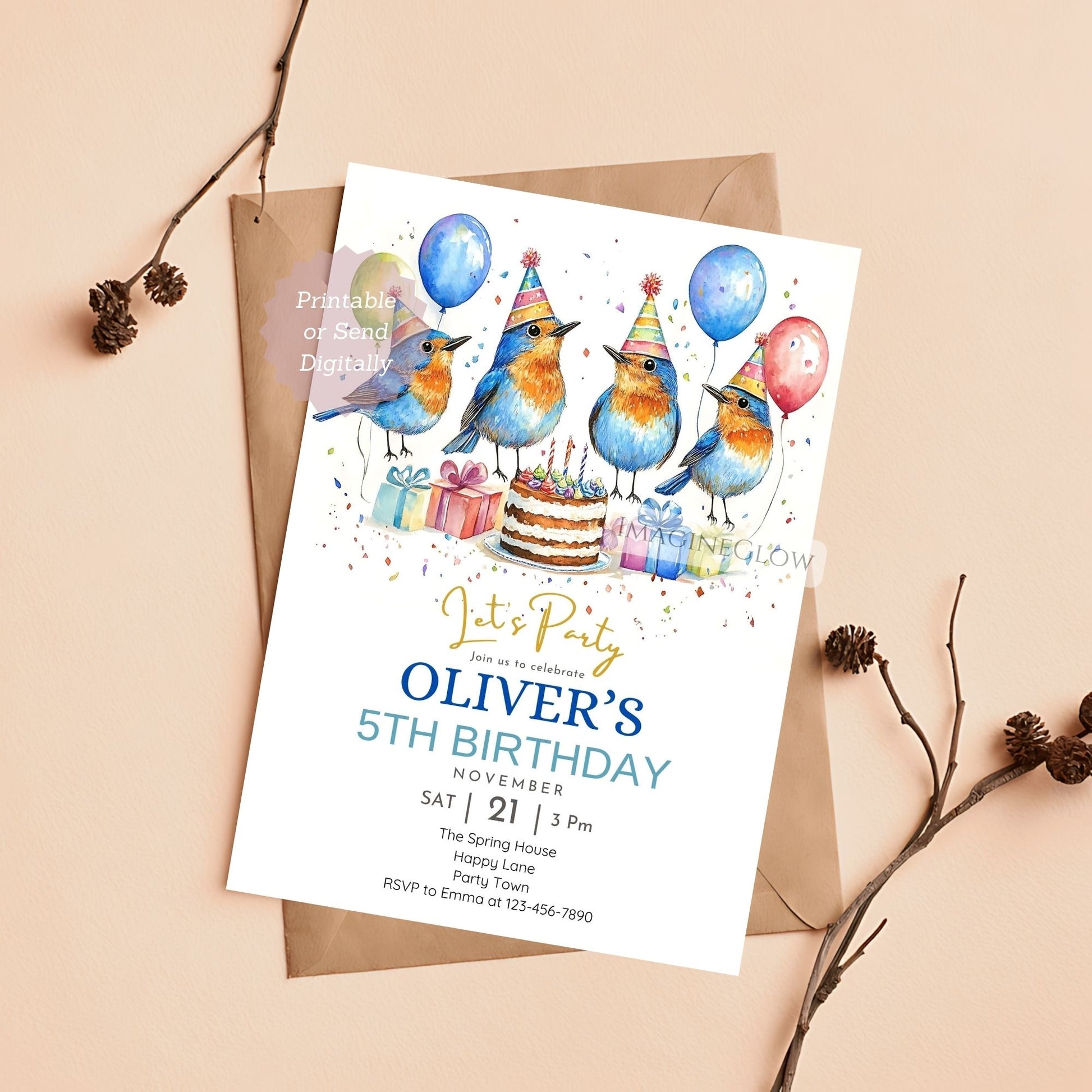 Whimsical bluebird invite with floral details
