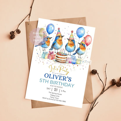 Whimsical bluebird invite with floral details
