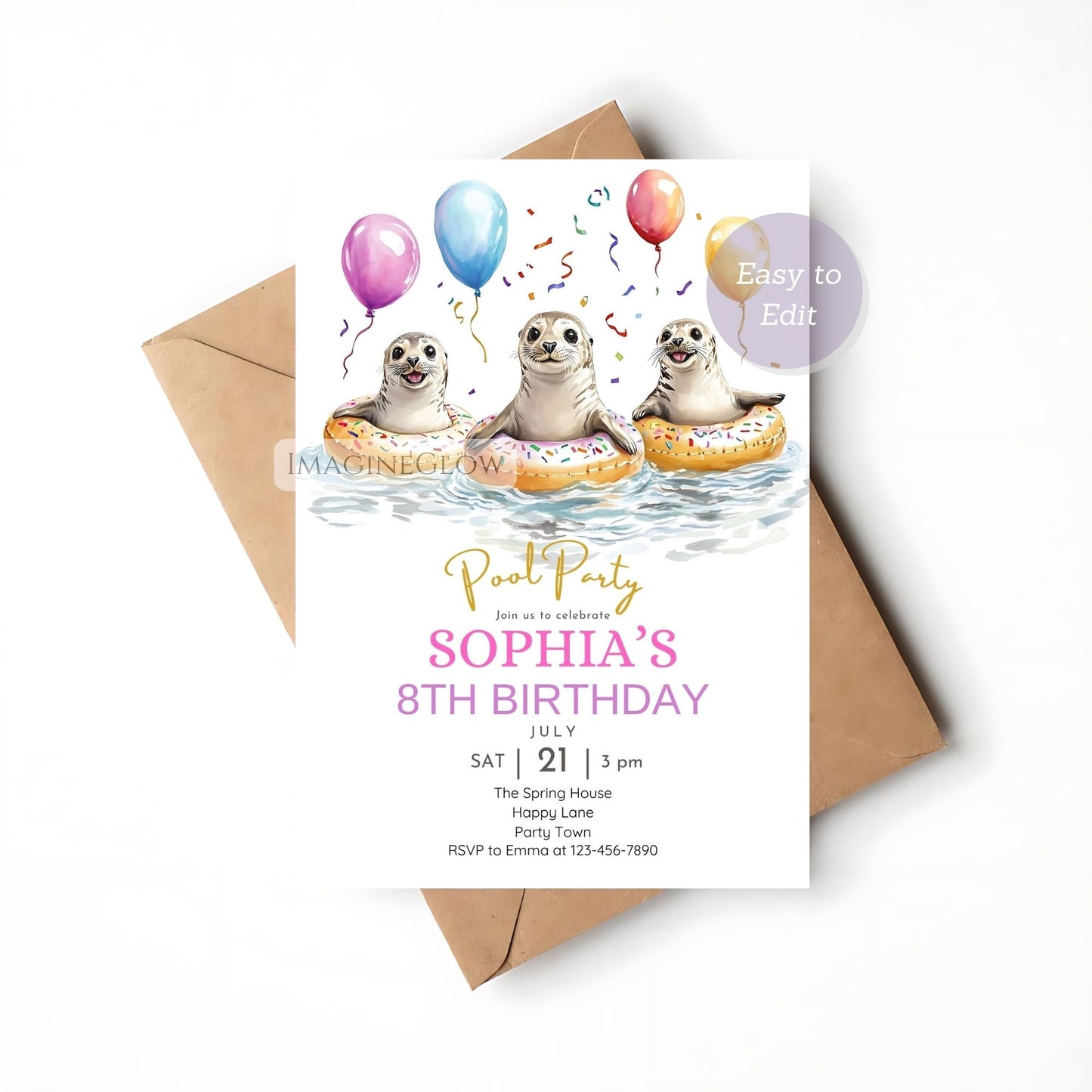 Seal Pool Party Birthday Invitation - Cute Ocean Animal Summer Party Invite