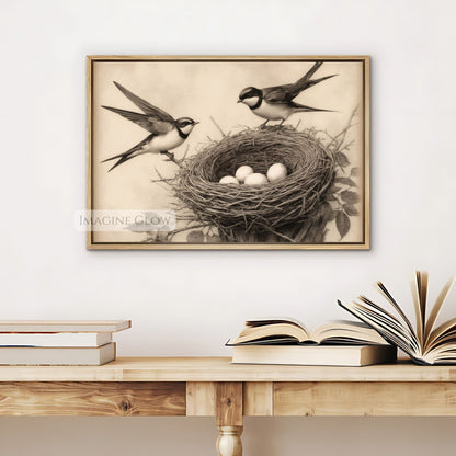 Elegant botanical bird nest painting digital download
Two swallows with eggs antique nature illustration
Delicate swallow bird nest print for home decor