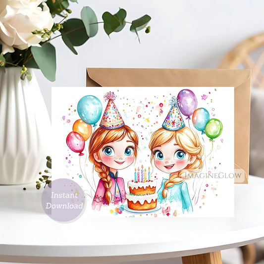 Ice princess Elsa and Anna birthday card
Frozen-themed birthday card printable
Snow sisters birthday greeting


