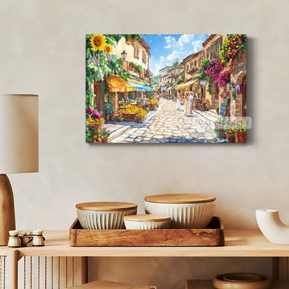 Bright summer town filled with sunflowers, flower baskets, and market stalls.
Artistic summer street scene with rustic fruit stands and colorful blooms.