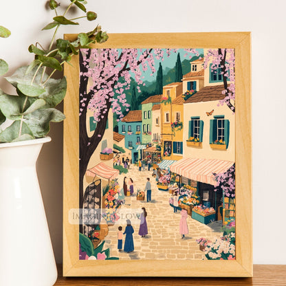 Charming flower market street scene with tulips and pastel townhouses.
