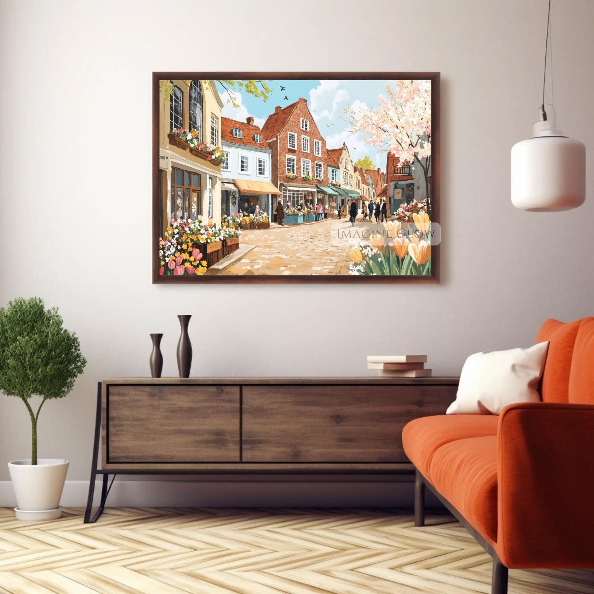 European-style cityscape with spring flowers and cozy market stalls.
