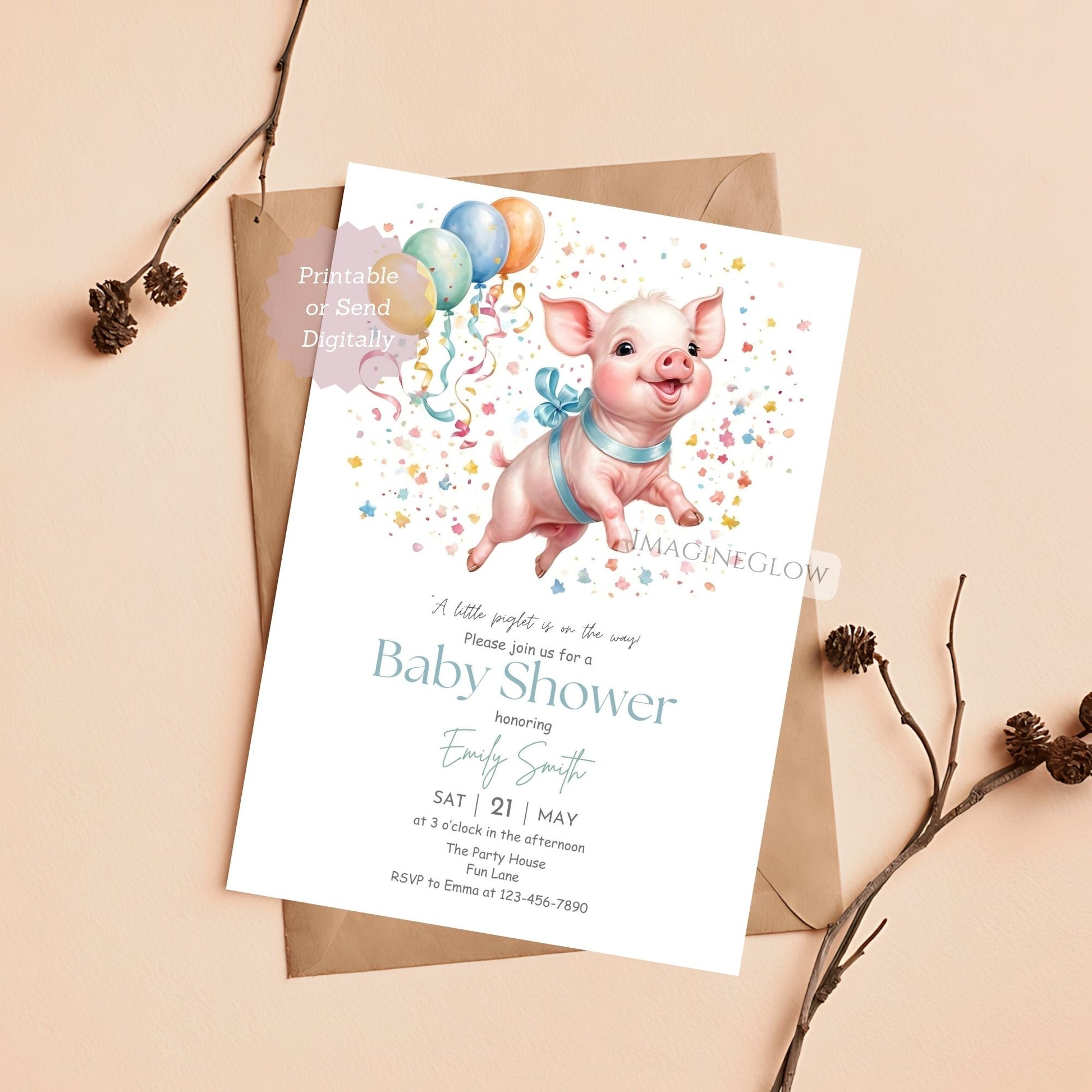 Farm animal theme baby shower invitation with a little pig design
