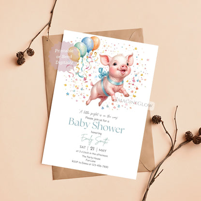 Farm animal theme baby shower invitation with a little pig design
