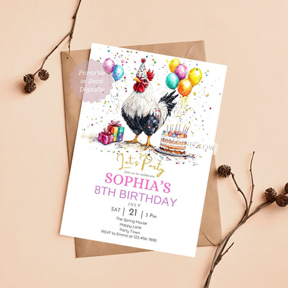 Chicken birthday invitation with hen and rooster


