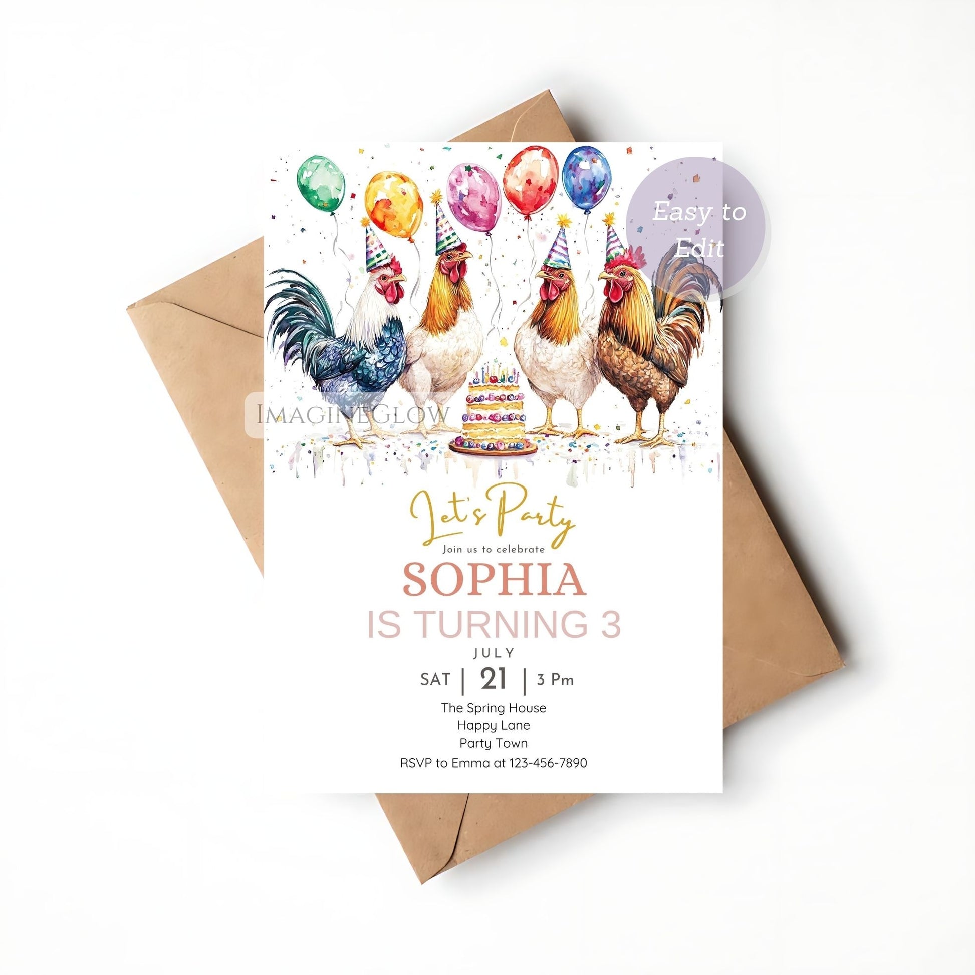 Country barn party invitation
Cute hen birthday invitation
