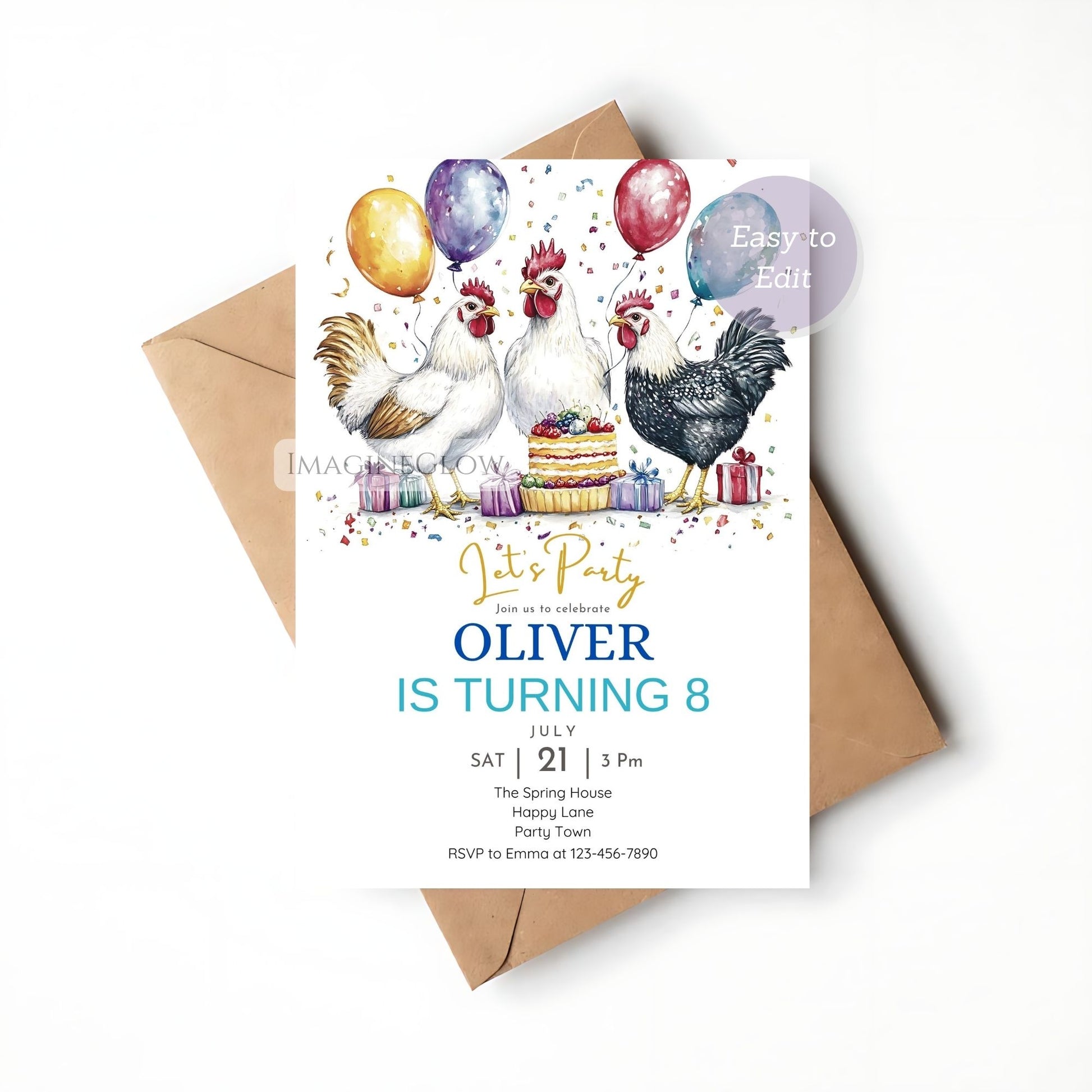 Chicken barnyard party card for boys
