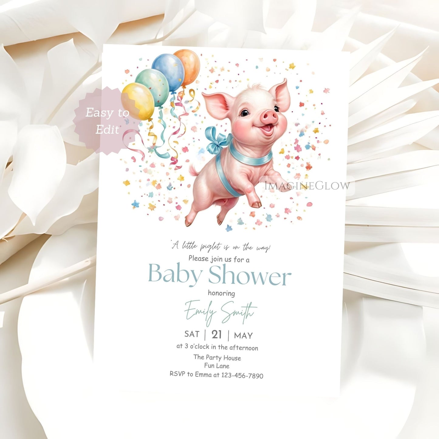 Digital piglet baby shower invitation with a charming pig design
