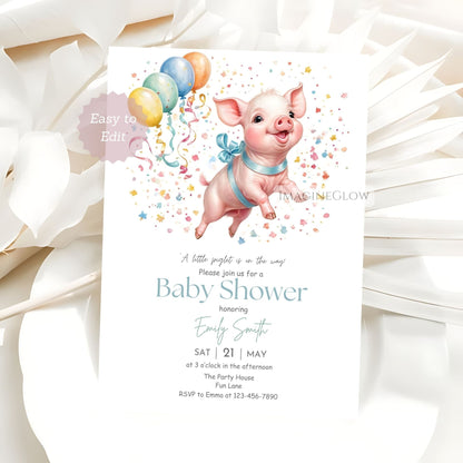 Digital piglet baby shower invitation with a charming pig design
