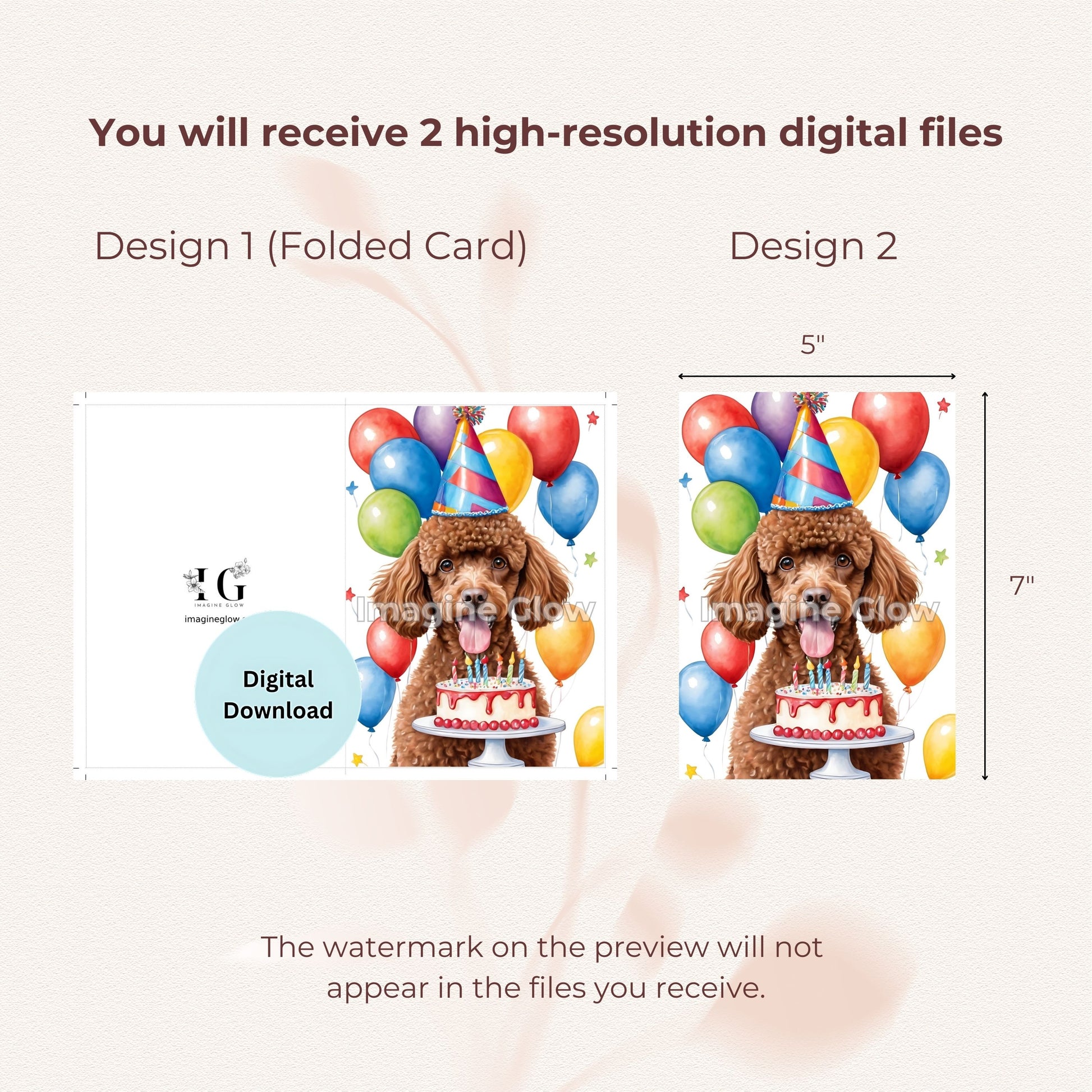 Festive Poodle dog birthday greeting card for printing.