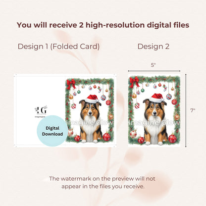 Festive Rough Collie Dog Christmas card, printable for easy use.