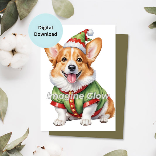 Festive Welsh Corgi dog Christmas card printable for the holidays