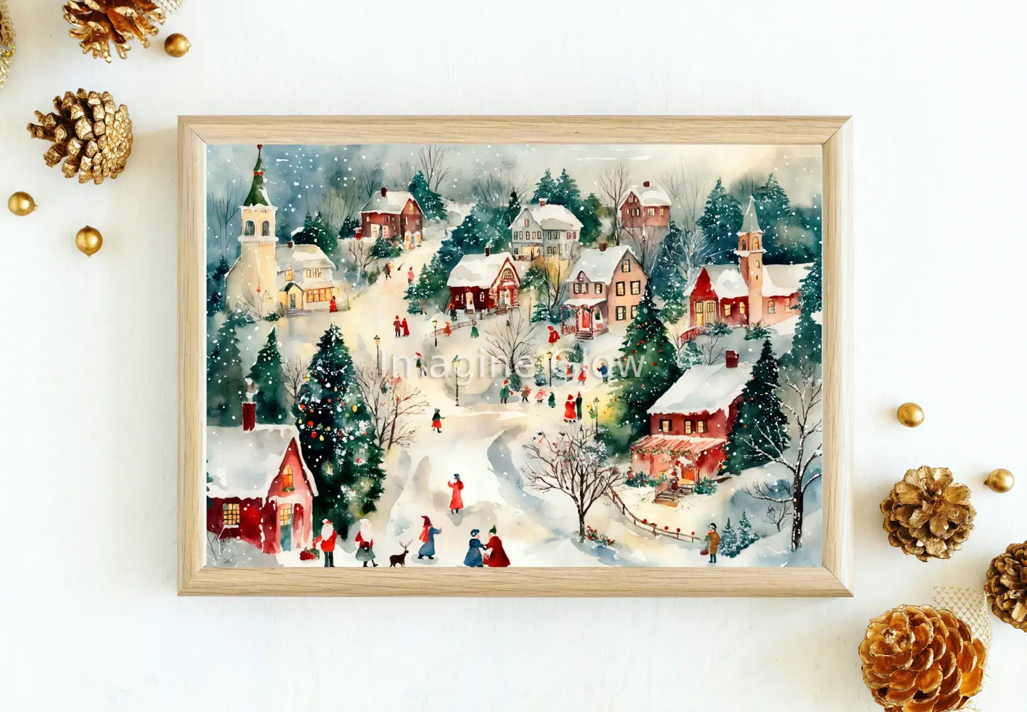 Festive wall art featuring a snow-covered Christmas village