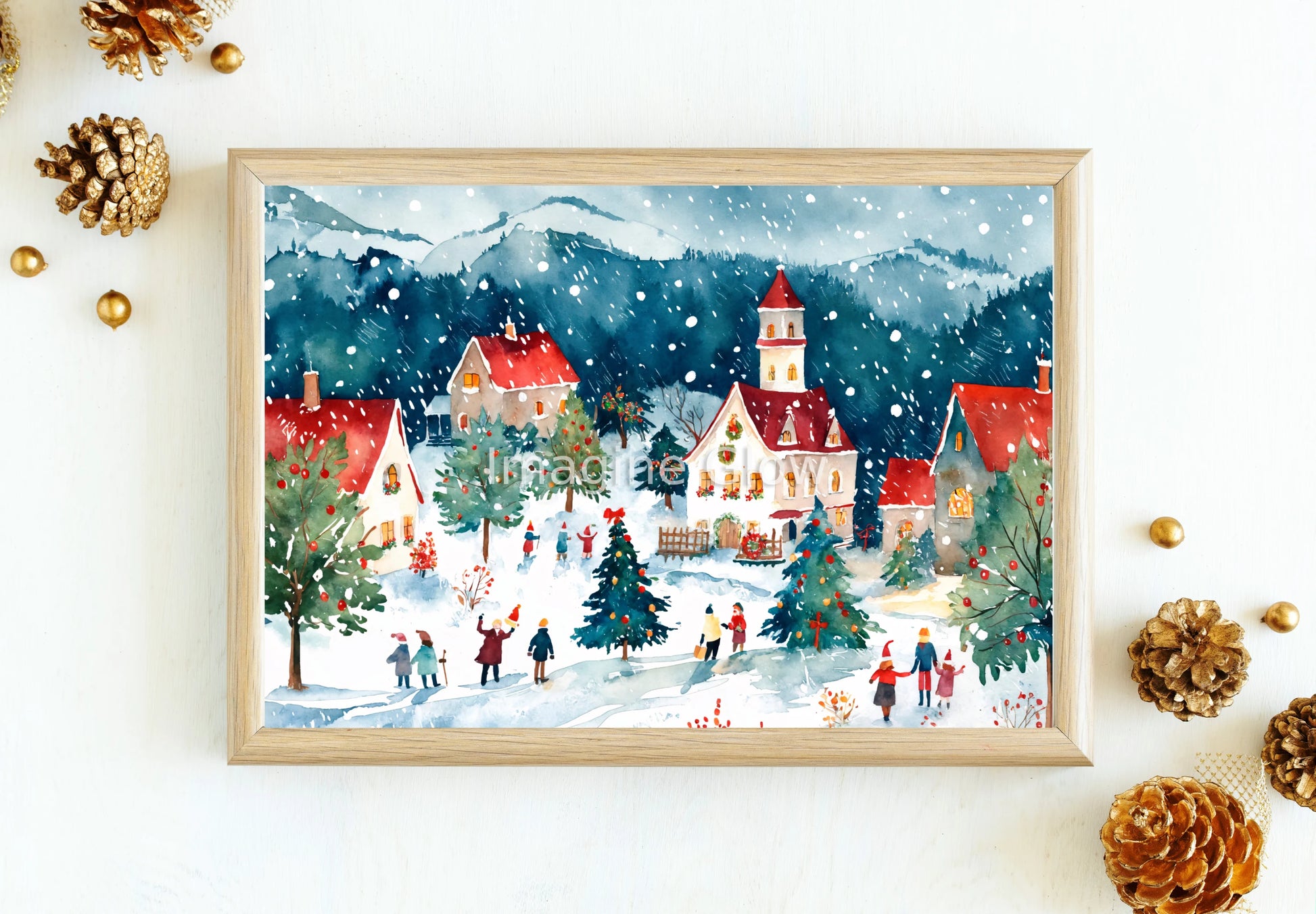 Festive wall art showcasing a winter village with glowing lights and 