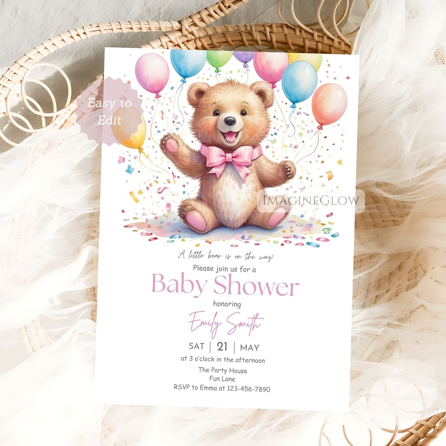 Mama and baby bear girl shower invitation
