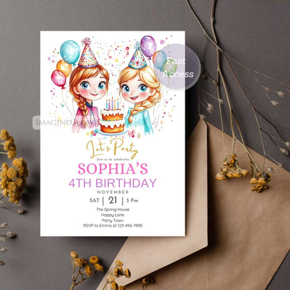 Elsa and Anna winter invite
Snowy Frozen birthday card
