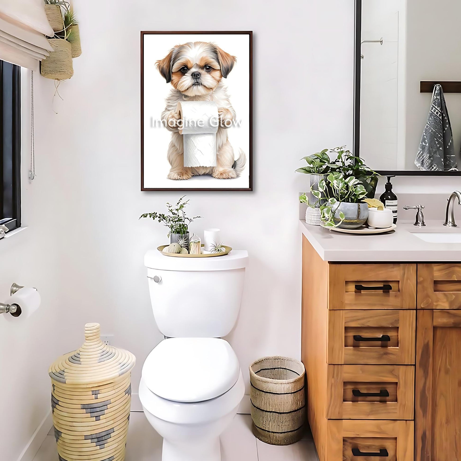 Funny Shih Tzu dog toilet art for bathroom decor.