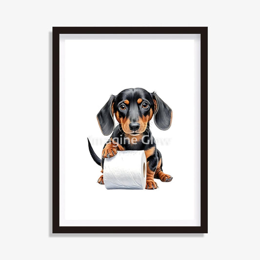 Funny bathroom wall art featuring a dachshund in a toilet
Humorous printable dachshund bathroom decor poster