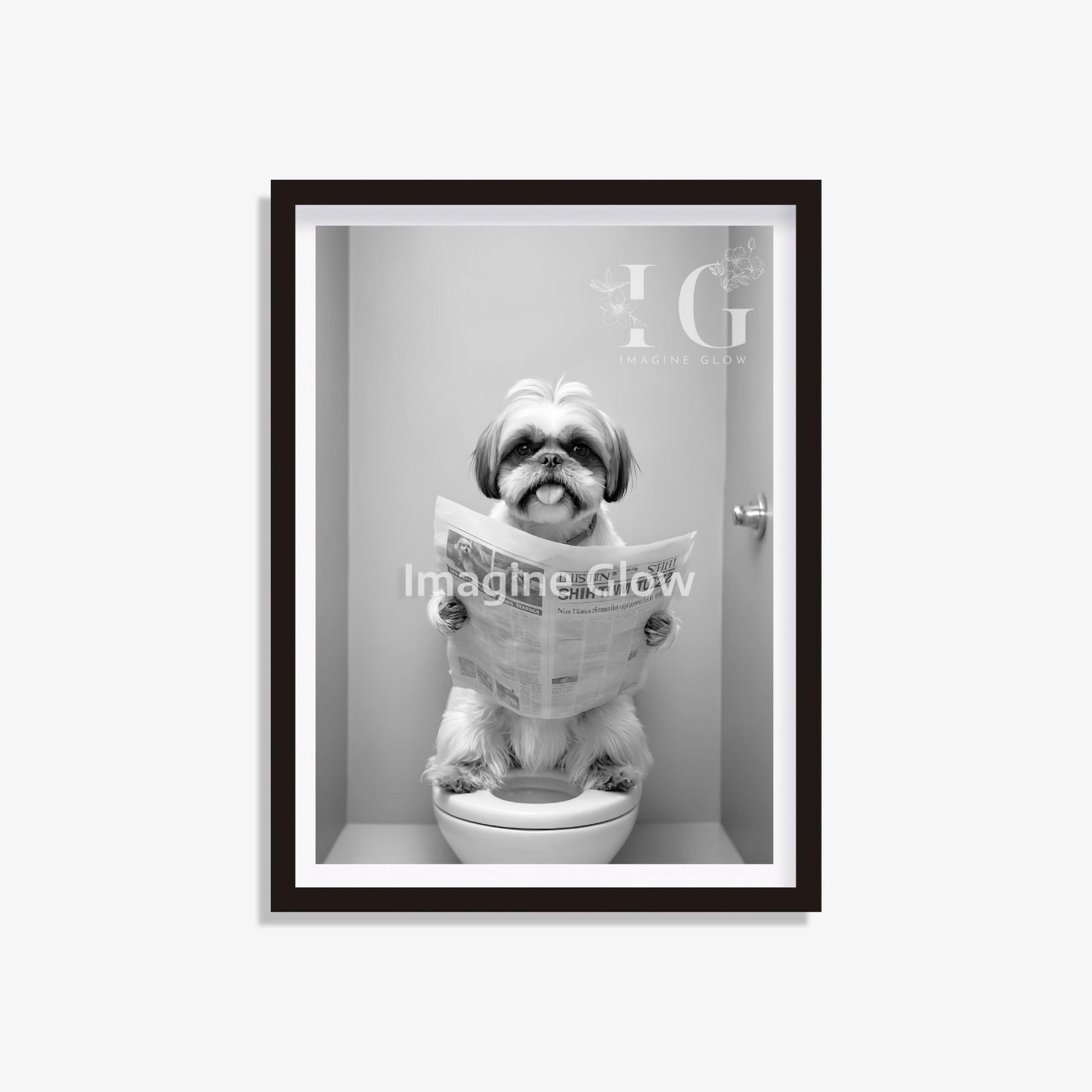 Funny bathroom wall art showcasing a playful Shih Tzu in a toilet
