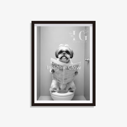 Funny bathroom wall art showcasing a playful Shih Tzu in a toilet