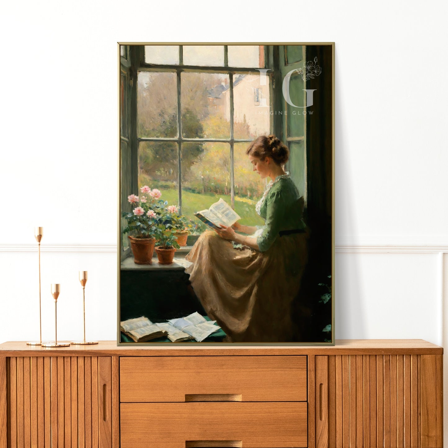 Elegant printable art of a woman with a book by the window