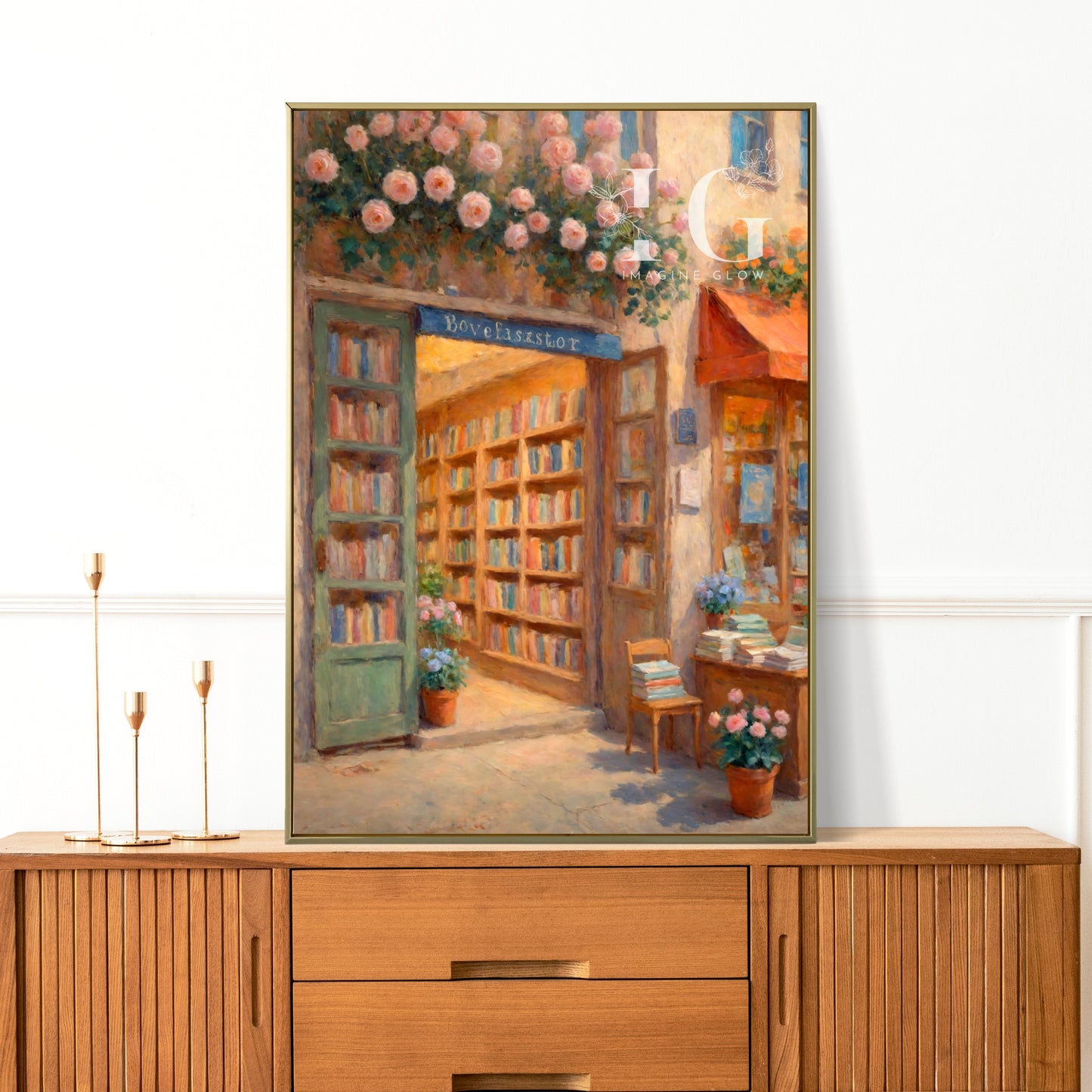 Stylish floral print of a bookstore, available as printable wall art.