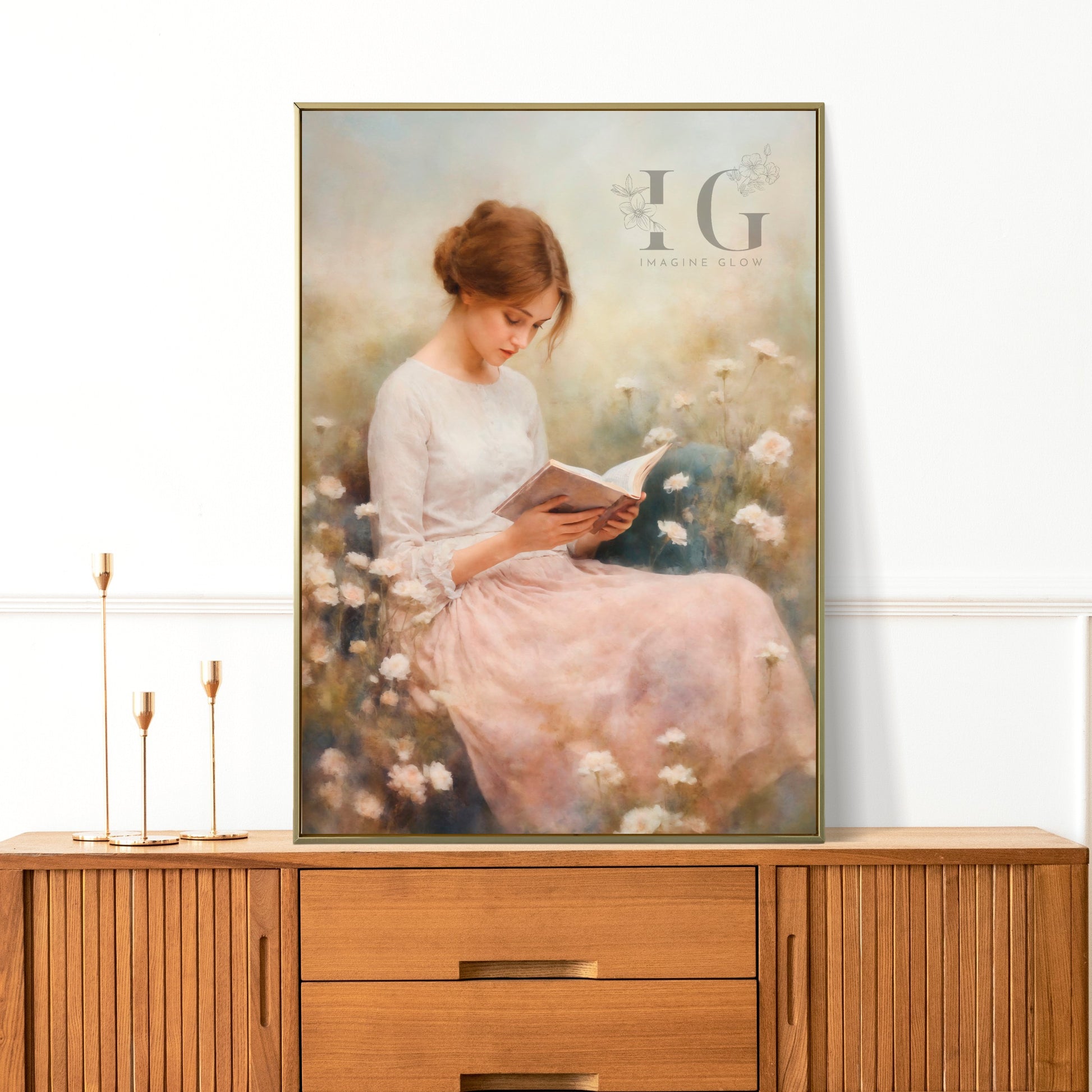 Peaceful woman reading in wildflowers vintage art for interiors