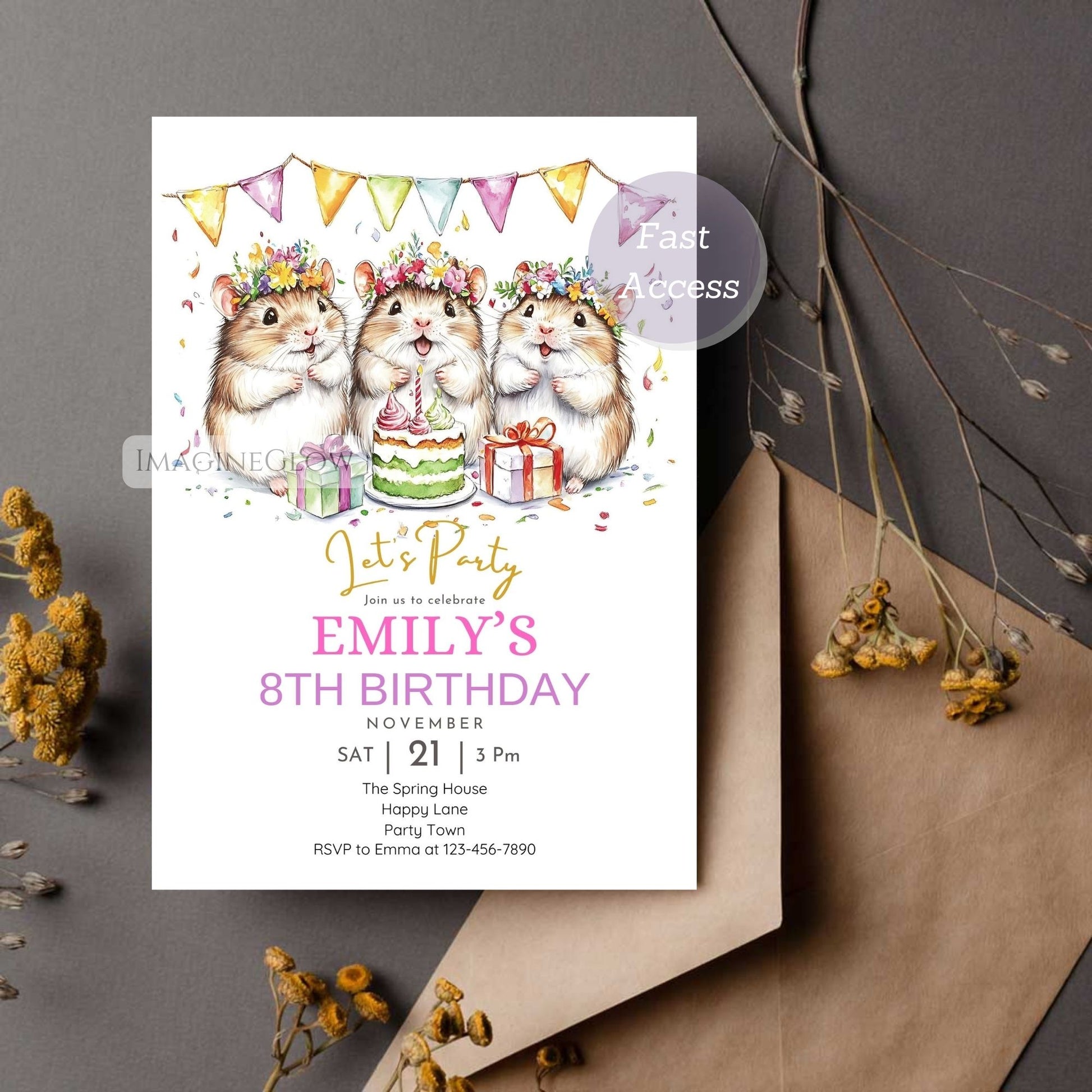 Personalized hamster birthday party invitation
