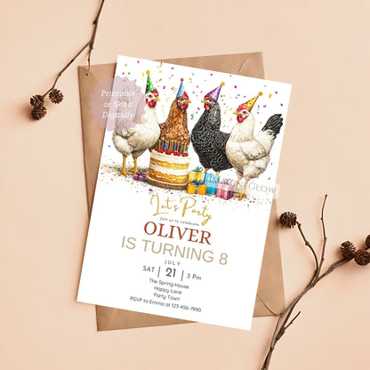 Chicken birthday invitation with hen and rooster
