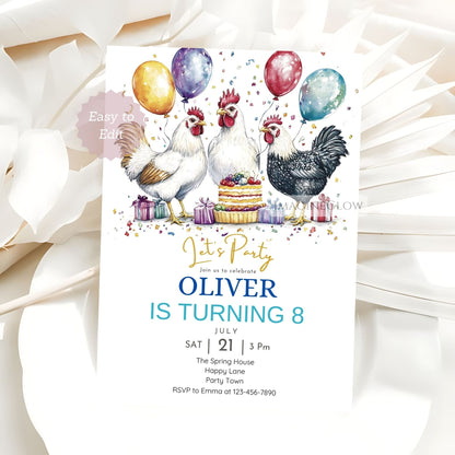 Charming chicken birthday invite boy