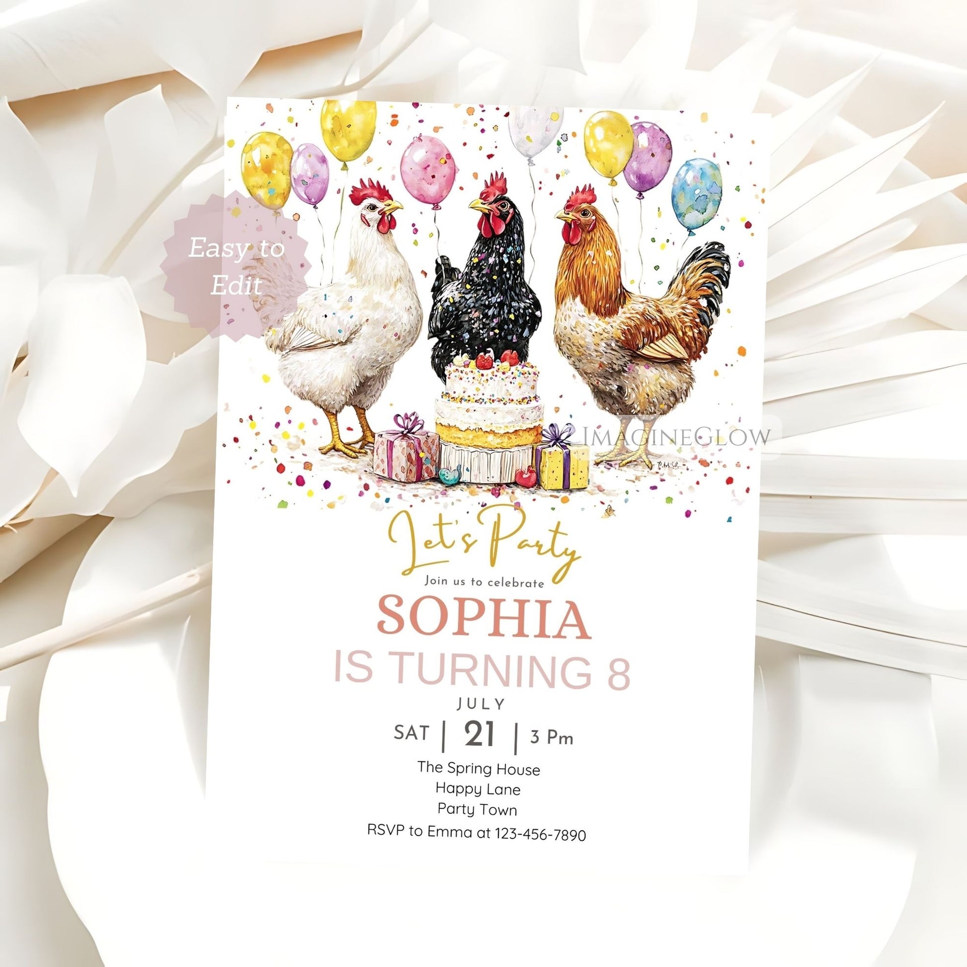 Rooster and hen illustration birthday invite
Farm theme celebration card for kids
